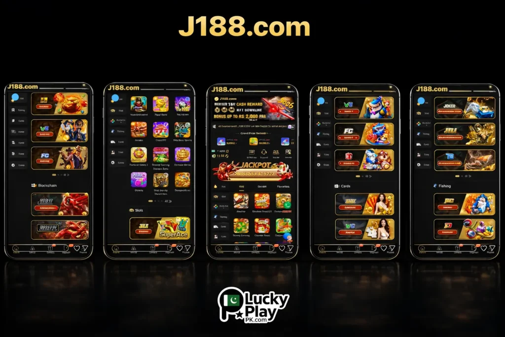 Five J188.com game category screens including slots, cards, and fishing on black backdrop.