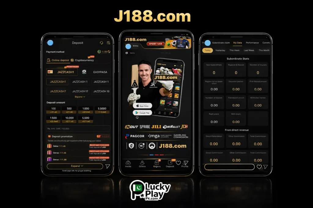 J188.com app deposit, home, and invite screens displayed on three arranged smartphones.
