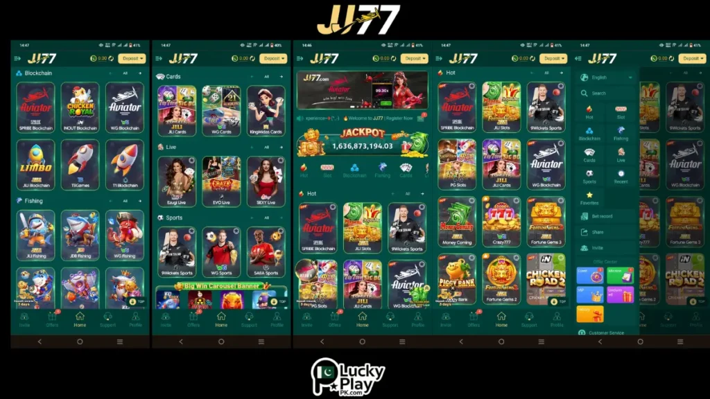 JJ77 app screens showing slots, fishing, live games and jackpot over 1.6 billion
