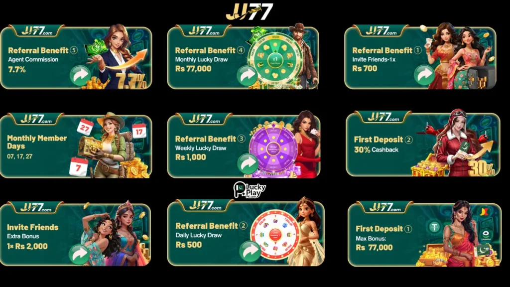 JJ77 bonuses including referral benefits, first deposit Rs77000 and 30% cashback