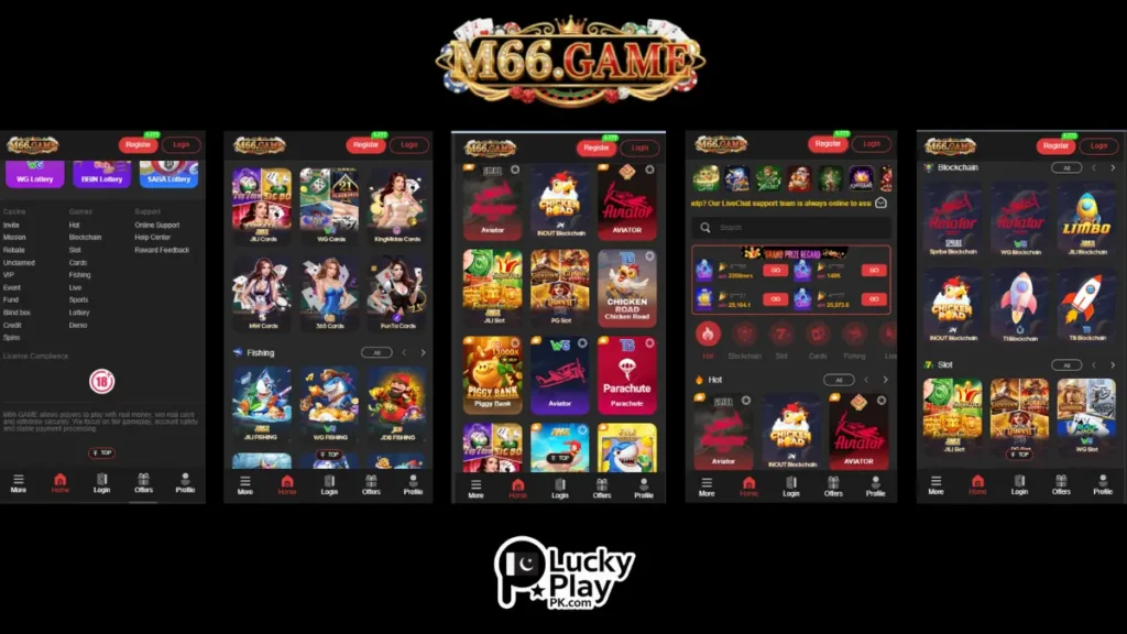 M66 Game app screens showing slots, fishing, blockchain and card games sections