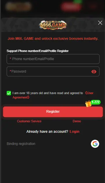 M 66 APK registration form with phone number, email and password fields