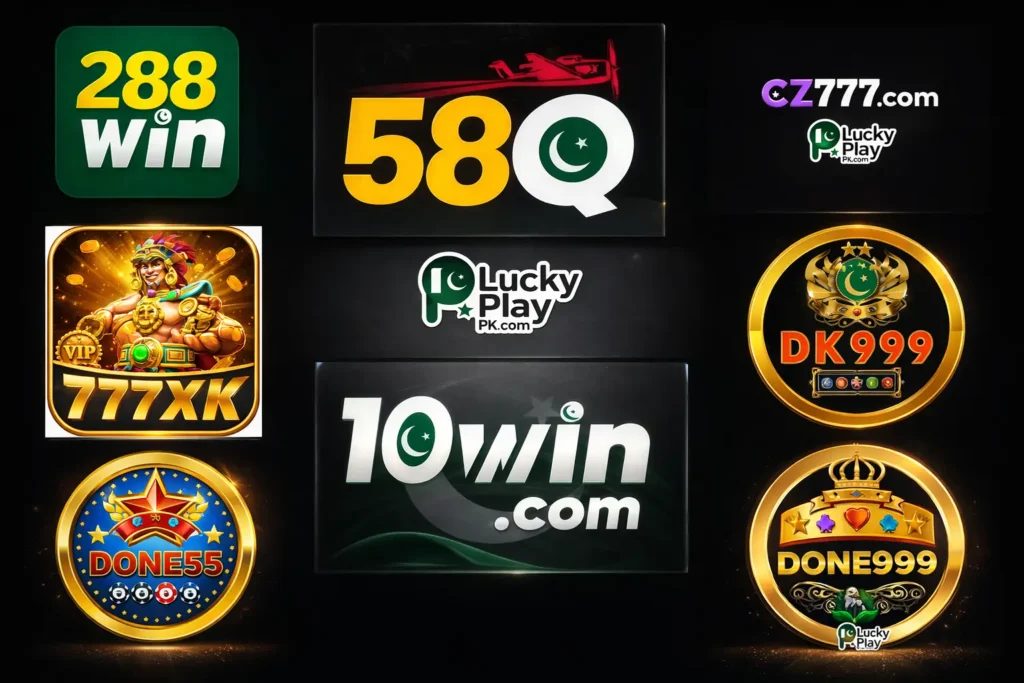 Gaming logos 288Win, 58Q, 10Win, CZ777, 777XK, DK999 and DONE55 on dark background grid layout.