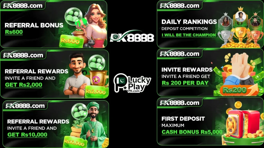 PK8888 referral bonus rewards up to Rs10000 and first deposit cash bonus Rs5000
