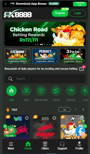 PK8888 app home screen showing Chicken Road game and Rs111111 rewards for Pakistani players
