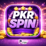 PKRSpin Game app logo with purple theme, gold stars, coins, and glowing casino style design.