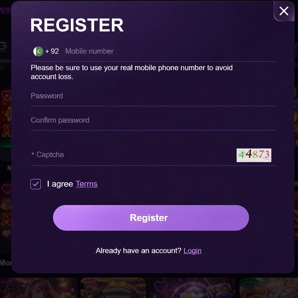 PKRSPIN VIP register popup with mobile number, password fields, captcha, and signup button.
