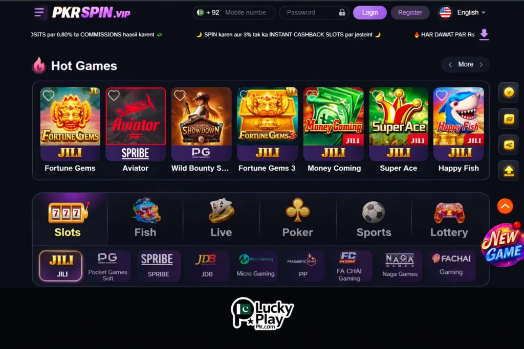 PKRSPIN VIP homepage displaying hot games, slots menu, providers, and navigation bar.