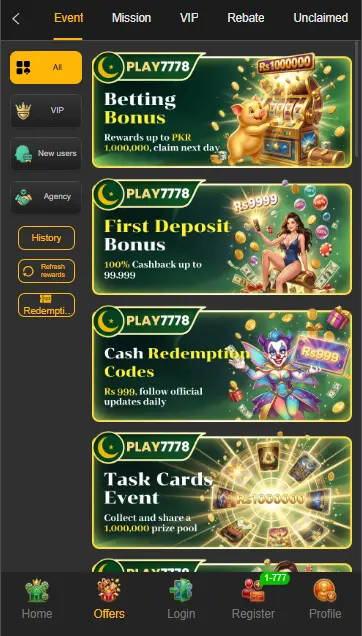 Play7778 Earning Game offers page showing betting bonus, first deposit and cash redemption events