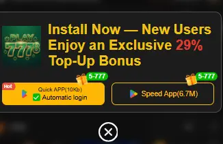 Play7778 app install banner offering 29% top-up bonus for new users