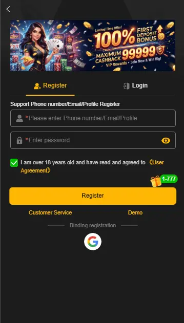 register page with 100% first deposit bonus and 99999 cashback offer
