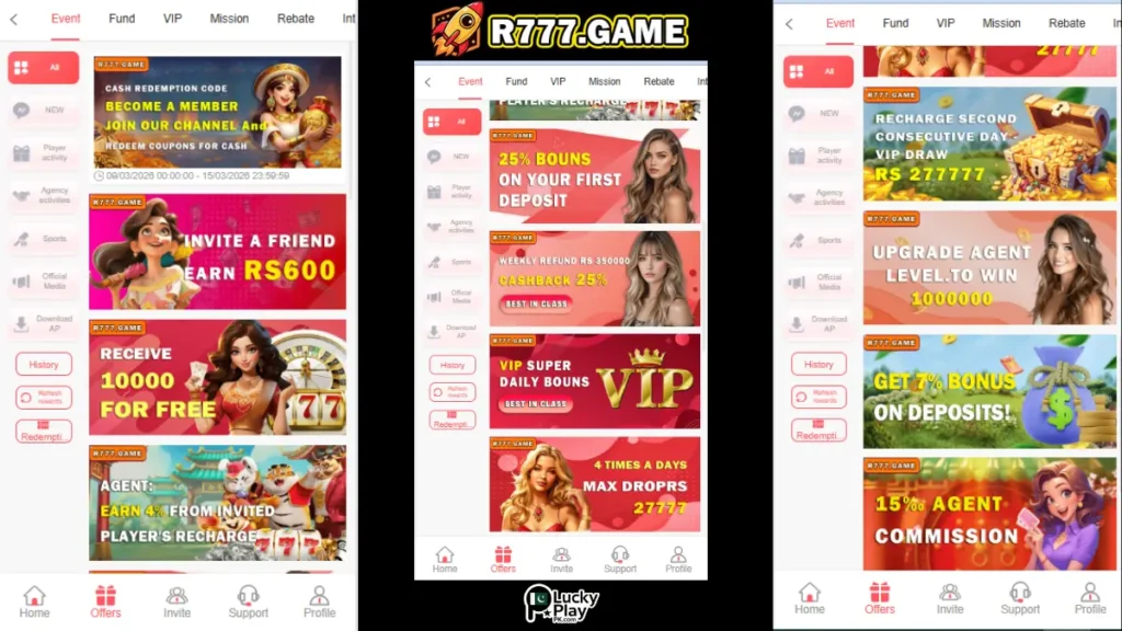 R777 offers page with Rs10000 free bonus, 25% first deposit, VIP daily bonus and cashback deals