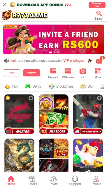 R777 online casino homepage with invite a friend earn Rs600 banner and hot game categories