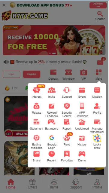 R 777 app menu showing interest, invite, support, rebate, betting missions and lucky draw icons