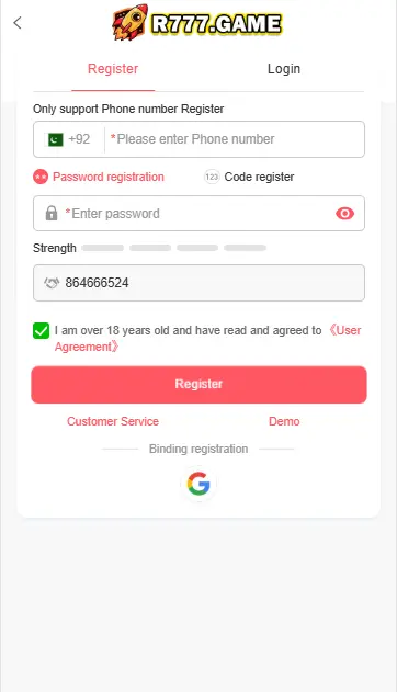 R 777 registration form with Pakistan phone number, password field and user agreement checkbox