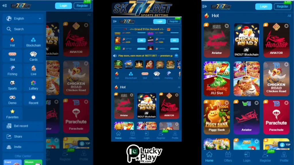 SK777 apk home screen showing hot games like Aviator and Chicken Road