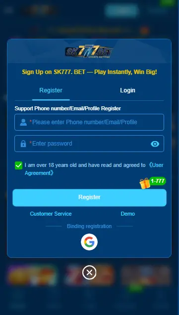 SK777.BET register page with phone number and password sign up form