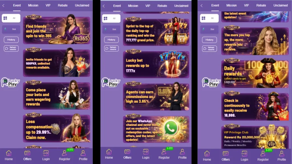 V9.GAME offers page with bonuses, VIP rewards, and daily prize promotions