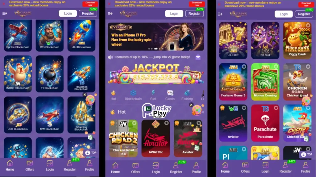 mobile app showing blockchain slots, jackpot, and casino games of V9