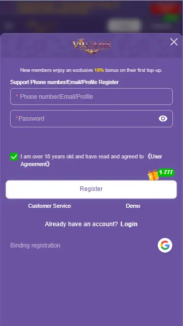 V 9 App registration form with phone/email field and 10% first top-up bonus offer