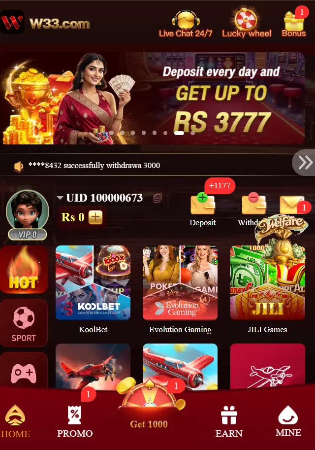 W33.com casino app homepage with daily deposit bonus up to Rs3777, KoolBet, Evolution and JILI games Sonnet 4.6