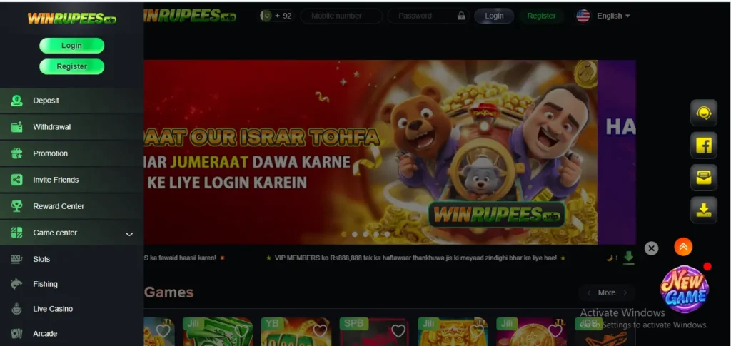 Win Rupees.vip sidebar menu with deposit, withdrawal, promotion, slots, fishing and live casino options