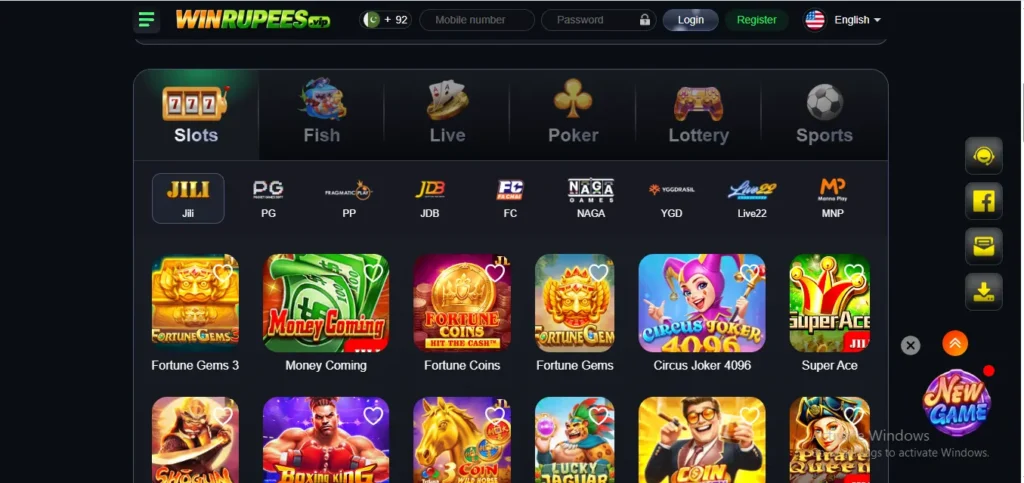 Win Rupees.vip online casino slots page featuring JILI, PG, PP games like Fortune Gems and Super Ace