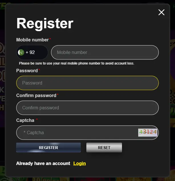 WinRupees registration form with Pakistan mobile number, password, confirm password and captcha