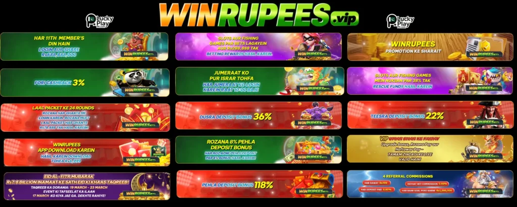 Win Rupees.vip Urdu promotions page showing cashback, deposit bonuses, referral rewards and VIP offers