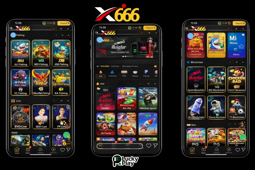 X666 app screens with fishing, slots, blockchain games, and home dashboard.