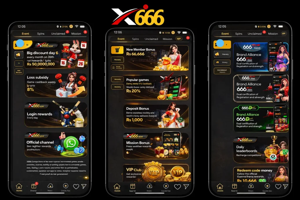 X666 event and bonus screens showing rewards, VIP club, and brand alliance offers.