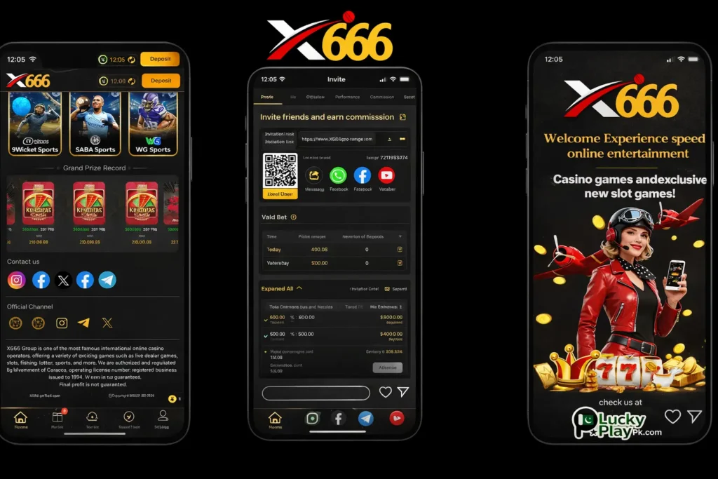 Three X666 casino app screens with sports, prizes, and promo banners on black background