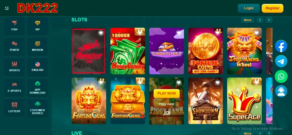 DK222 app slots section showing Aviator, Fortune Gems, and popular slot games