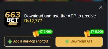 663Bet app download banner offering Rs 12777 bonus with desktop shortcut option