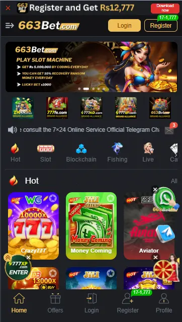 663Bet casino homepage with Rs 12777 register bonus and hot slot games section