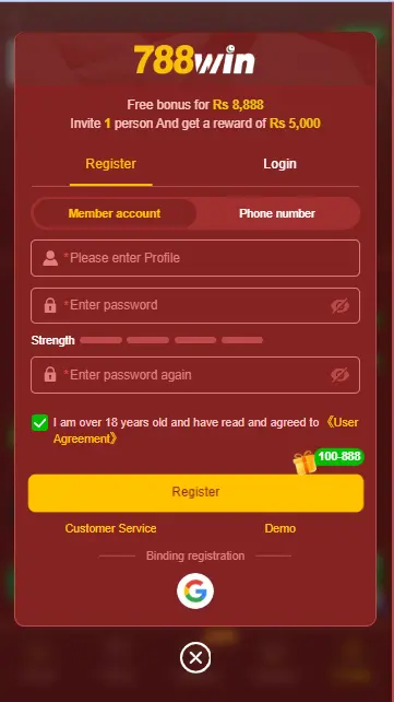 Registration and login page of 788 Win