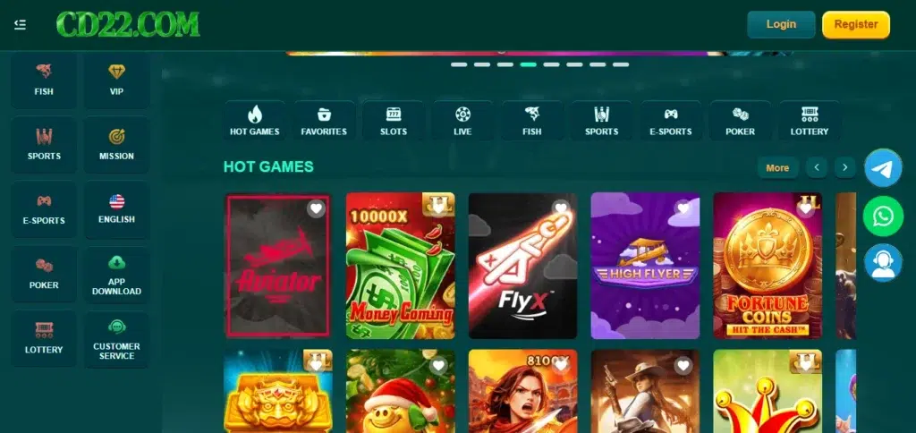 CD22 casino homepage with hot games including Aviator, Money Coming and FlyX slots