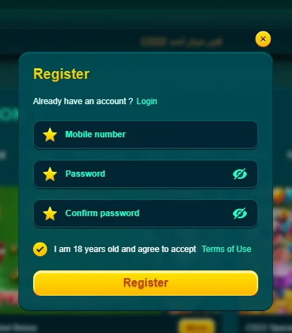 register popup with mobile number, password fields and terms of use checkbox