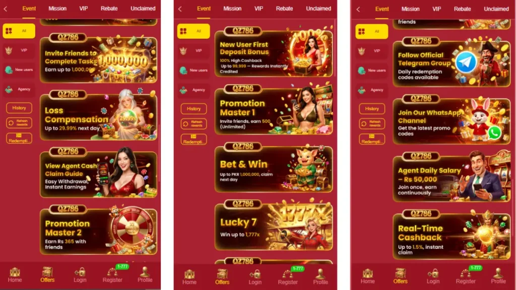 QZ786 offers page with first deposit bonus, loss compensation, Lucky 7 and cashback deals