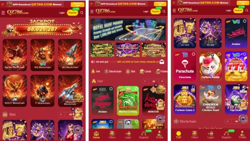 app showing jackpot 88 million, blockchain, slots and hot games sections