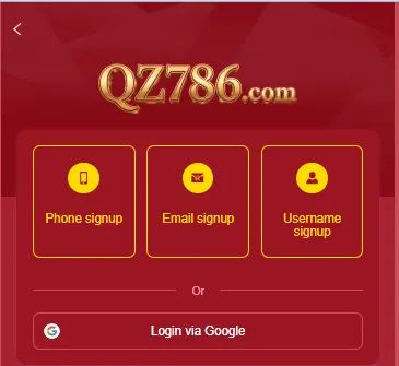 signup page with phone, email, username options and Google login on red background